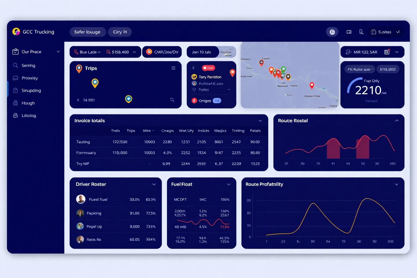 Takamul Logistics Platform dashboard showing fleet map, trips, invoices and multi-currency financials