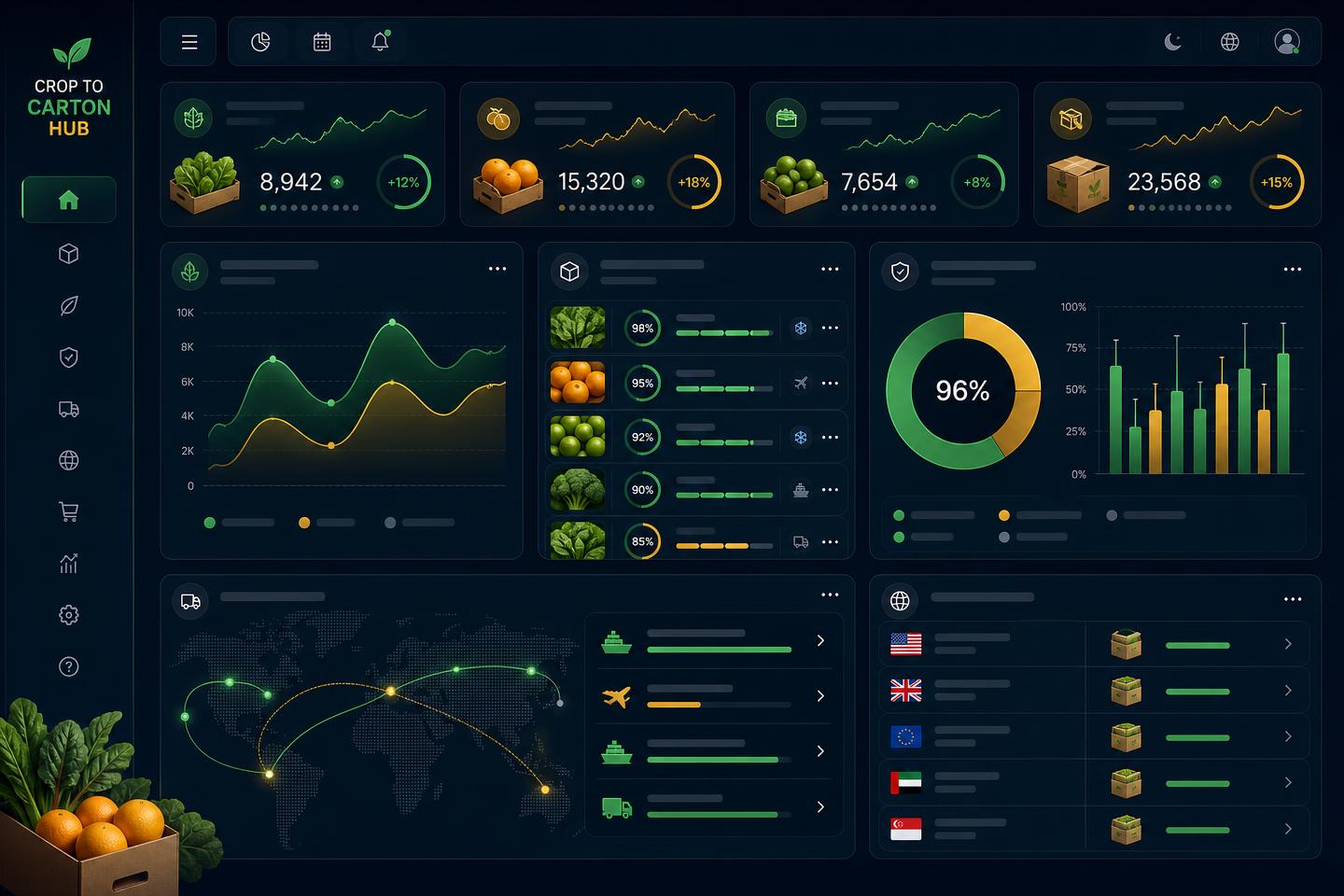 Crop to Carton Hub dashboard showing farm receiving, inventory quality, and export shipments